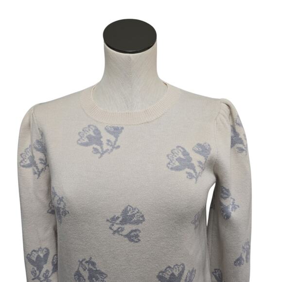 Rebecca Taylor Wool Puff Sleeve Sweater Size Medium Floral Blue Cream Cottage - Picture 7 of 9